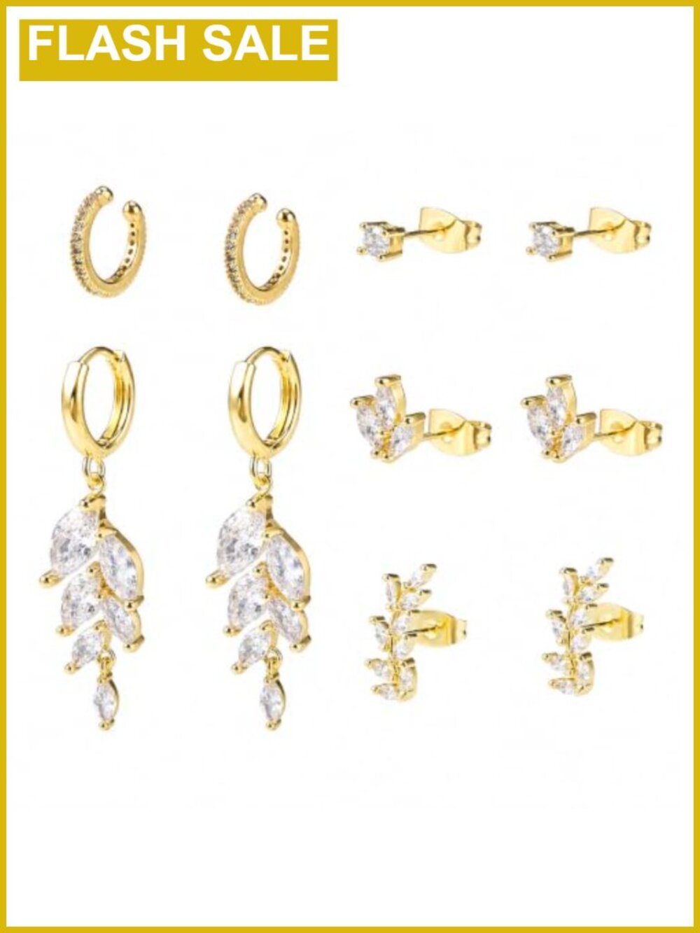 5Pc Leaf Cubic Zirconia Earring Set Gold Plated Stud Hoop Ear Cuff